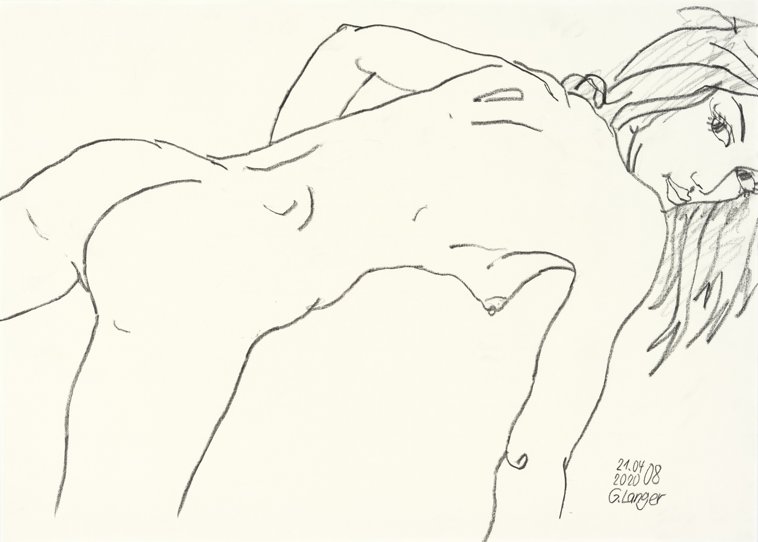 Gunter Langer, Liegendes nacktes Mädchen übergebeugt, aufgestützt, 2020, Zeichnung, Zeichenpapier, 50 x 70 cm